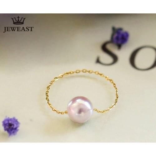 18K Gold White Natural Akoya Seawater Pearl Chain Ring Female Resizable Genuine Gift for Girlfriend Supportdrop shipping