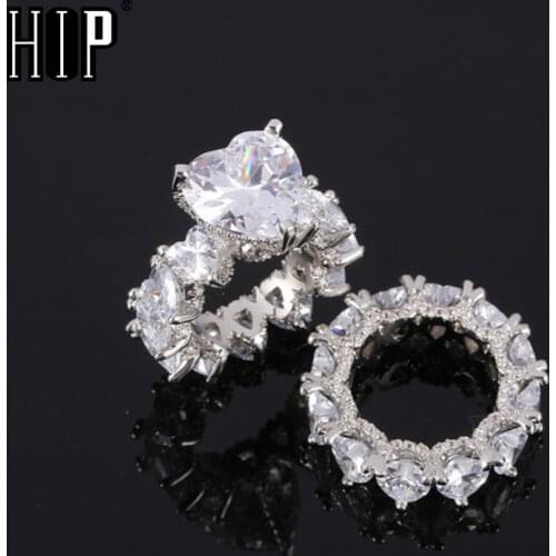 Hip Hop 2pcs Kit Full Heart Micro Paved Iced Out Bling Full CZ Stone Copper Cubic Zircon Ring For Couples Jewelry Size 8-11