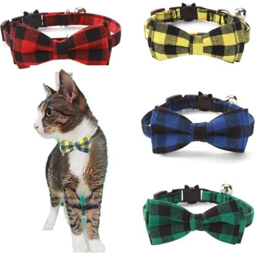 Colorful Plaid Grid Cat Collars Cotton Striped Bowknot Necklace Bulldog Chihuahua Bow Tie Puppy Small Dog Party Bandana Collar