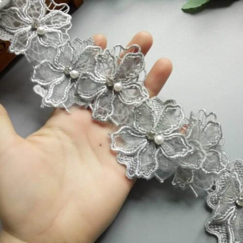 2 yards Gray Pearl Flower Handmade Beaded Embroidered Net Lace Trim Ribbon Double Layered Applique Dress DIY Sewing Craft
