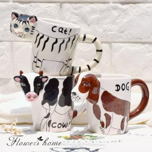 280ml Creative Cartoon Painting Ceramic Milk Coffee Mug Cute 3D Cat Dog Cow Animal Porcelain Mug for Children Drink Decoration