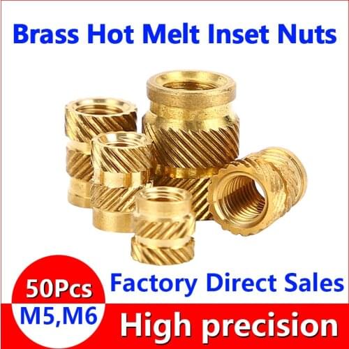 Brass Hot Melt Inset Nuts Heating Molding Copper Thread Inserts Nut SL-type Double Twill Knurled Injection Brass Nut M5M6 50Pcs