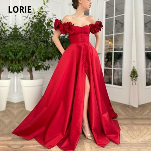 LORIE Red Wedding Dresses Handmade Flowers Buttons A-Line Bridal Gowns Off Shoulder Satin Arabic Wedding Gown with Poackets