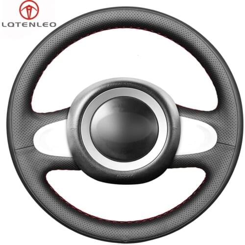 LQTENLEO Black Genuine Leather Car Steering Wheel Cover for Mini Cooper Coupe countryman Roadster Clubman 2009-2013 (2-Spoke)