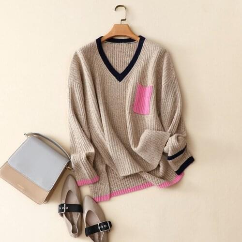 Fashion patchwork contrast v neck pullovers women autumn winter new styles loose casual ribbed knit 100% cashmere sweater
