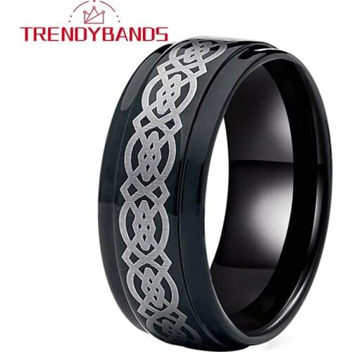 8MM Mens Laser Tungsten Rings Wedding Bands Stepped Edges Polished Shiny Comfort Fit