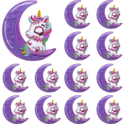 Prajna 10PCS Wholesale Unicorn Patch Iron on Embroided Patches For Clothes Kid Unicorn Sitting On The Moon Applique Sticker