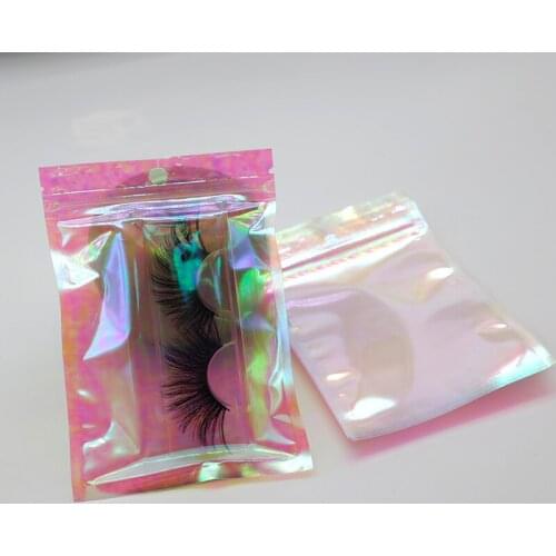 Wholesale Rainbow Storage Baggie Holigraphic Eyelash Packaging Box Neon Luxury Lash Packing Bag Clear Pink Lashes Package