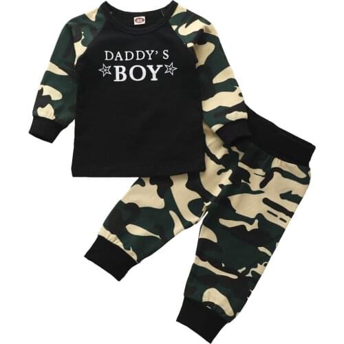 Pudcoco Autumn Winter Little Boy’s Long Sleeve Letter Tops + Elastic Camouflage Long Pants 2 Pieces Suit 6 Months to 4 Years