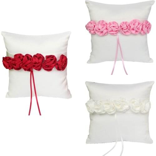 Ring Bearer Pillow Cushion 7.8 x 7.8 inch with Satin Ribbon Rose for Rustic Bridal Wedding Shower Ceremony