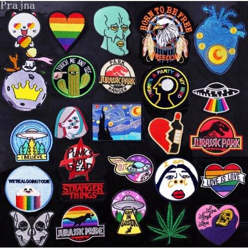 Prajna Hippie Stranger Things Patch Iron On Cheap Embroidered Patches For Clothes Stripes DIY Skull Rock Patch Metal Space Parch