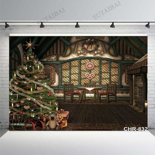 Merry Christmas Backdrop Winter Interior Christmas Tree Decorations Toy Bear Gifts Family Party Child Photo Studio Background