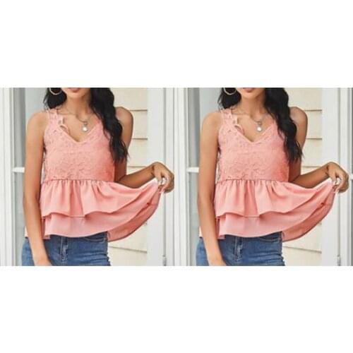 Womens Temperament Commuter Solid Color Sling Lace Blouse Pink