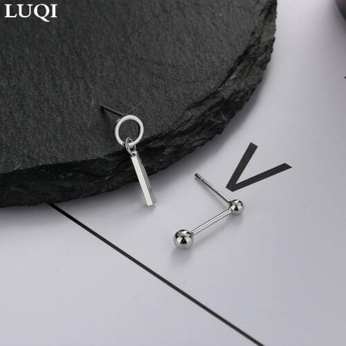 Fashion Womens S925 Silver Plated Platinum Personalized Straight Round Bead Asymmetrical Stud Earrings SE1297