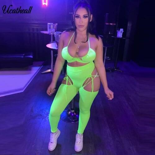 Lace Up Sleeveless Pants Sets Halter Tank Top And Pencil Pants Fall 2021 Women Clothing Sexy Club Two Piece Outfits