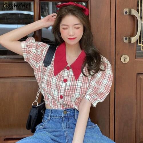 Short Puff Sleeve Shirts Women Peter Pan Collar Retro Plaid Single Breasted All-match Crop Blouses Female Prairie Chic Summer