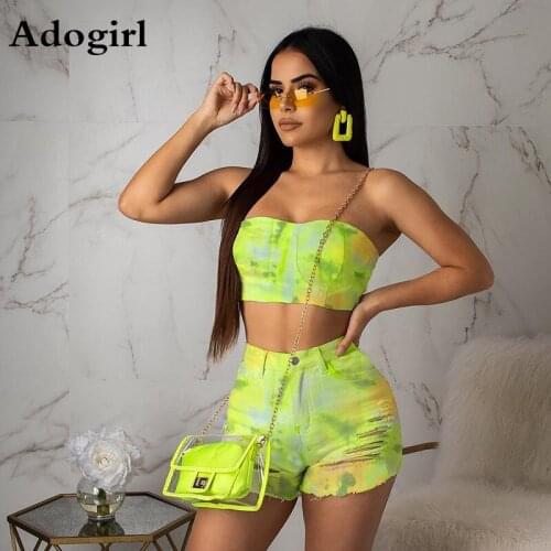 Tie-dye Print Strapless Top And Hole short Pants Suit Woman Summer Breast-wrapped Jeans-like Two-piece Street Wear tracksuit