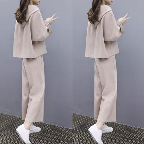 Womens suit autumn new loose woolen coat + nine pants 2 sets of thin hooded fashion temperament wide leg pants two sets of tide
