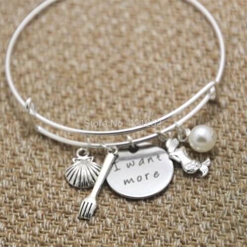 12pcs Ariel Little Mermaid bracelet I want more Pearl for women or girls silver tone bangles