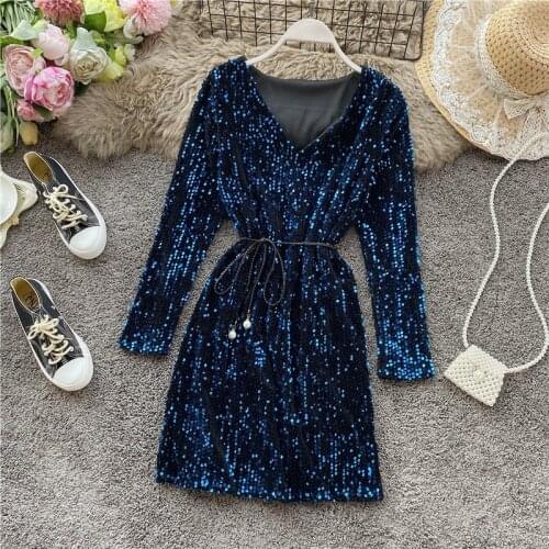 2021 Spring Autumn Womens Sequin V-neck Dress Long Sleeve Dress New Temperament Slim Sexy Party Dress Bottoming DressY245