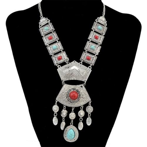 Afghan Vintage Silver Color Necklaces Inlay Crystal Beads Geometric Shape Carved Tassel Pendant Necklaces for Boho Gypsy Turkish