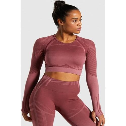 Seamless Yoga Top Fitness Running Shirt Anti-wrinkle Breathable Hollow Out Jacquard Seamless Long Sleeve Bodybuilding Crop Top
