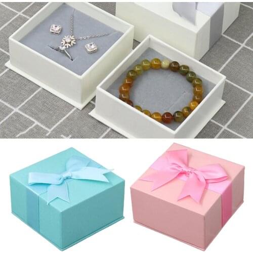Square Solid Color Bow Design Ring Necklace Earrings Jewelry Storage Box Case Ring Necklace Earrings Jewelry Storage Box Case