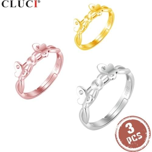 CLUCI 3pcs Silver 925 Butterfly Rings for Women Pearl Ring Mounting 925 Sterling Silver Adjustable Zircon Rings Jewelry SR2177SB
