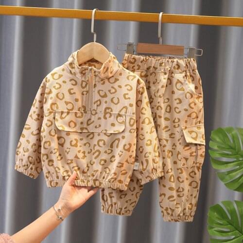 Baby Boy Spring Autumn Set 2021 New Childrens Overalls Fashion Leopard Print Long Sleeve Top Coat + Trousers Girl Clothes Set