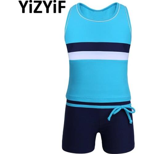 YiZYiF Kids Girls Tankini Swimsuit Swimwear Sleeveless Slim Stripe Crop Tops with Bottoms Bathing Suit Set for Child Swimming