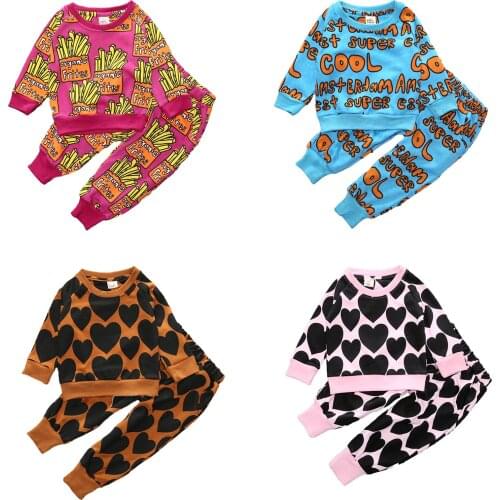 Babys Cartoon Printed Clothes Suit Long Sleeve Round Neck Pullover Sweatshirt Top with Elastic Long Pants Casual Pajamas Sets