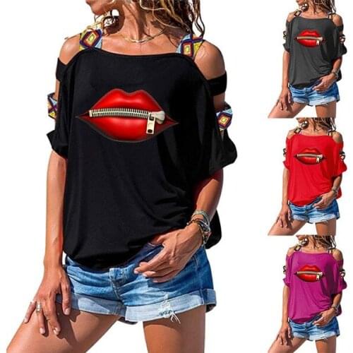 Zipper Lip Print T Shirt Women Short Sleeve Off Shoulder O Neck Loose Tshirt Summer Women Tee Shirt Tops Camisetas Mujer