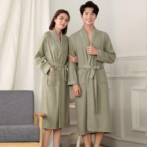 Men Long Soft Waffle Bath Robe Plus Size Women Robes Cotton Bathrobe for Spring Autumn Dressing Gown Kimono Sleepwear
