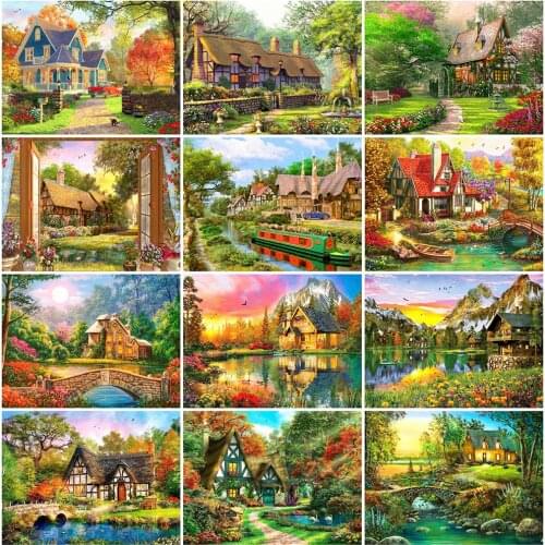 HUACAN 5D Diamond Painting Full Drill House Diamond Embroidery Cross Stitch Landscape Mosaic Handmade Home Decoration