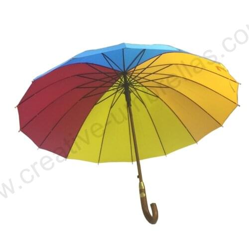 Customized mass cargo Oem Ex-factory 104cm diameter 16 ribs wooden rainbow umbrella windproof for e-commerce