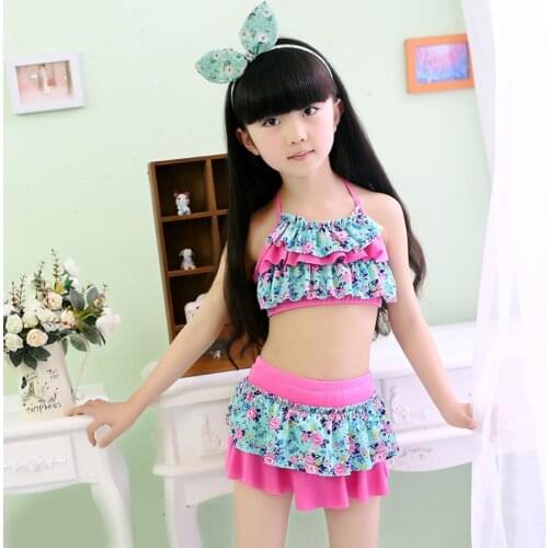 Girls Two Pieces Swim Suits Swimwear Children Polyester Kids Floral Bathing Suit Swimming Wear Big Girl Swimsuits 3-13 Years