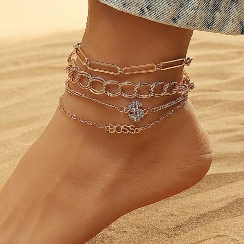 4 Chain Set Fashion Trend Geometric Beach Anklet Bracelet For Women Love Letter Crown Simple Personality Metal Anklet