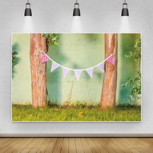 Laeacco Happy 1st Birthday Party Flags Green Tree Baby Portrait Photography Backdrop Scenic Photographic Backgrounds Photozone