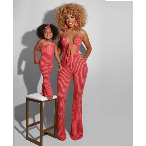 2021 Summer Striped Sportwear Family Look Matching Outfits Clothes Sleeveless Sexy Sling Jumpsuits Trousers Mom Daughter Romper