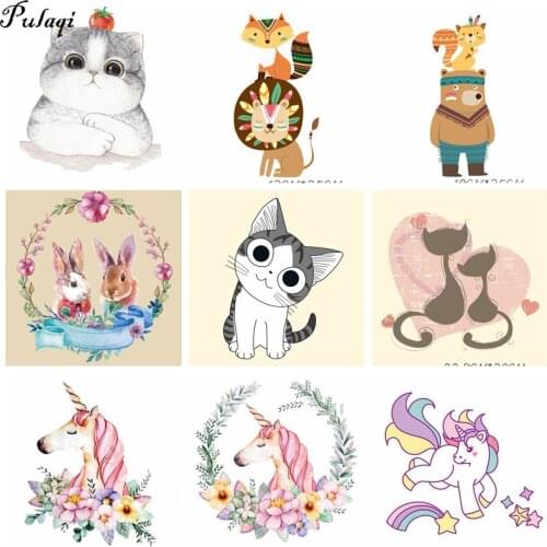 Pulaqi Cute Cartoon Animals Heat Transfer Patches for Kids Clothing DIY Iron on Applique T-shirt Custom Stickers Accessories D