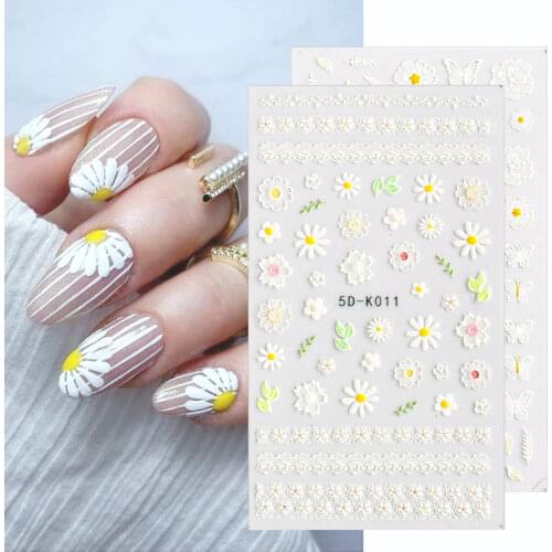 White Floral Butterfly Acrylic Engraved Nail Sticker Embossed Daisy Self Adhesive Slider Decal DIY Manicure Decor Foil LA5D-K-1