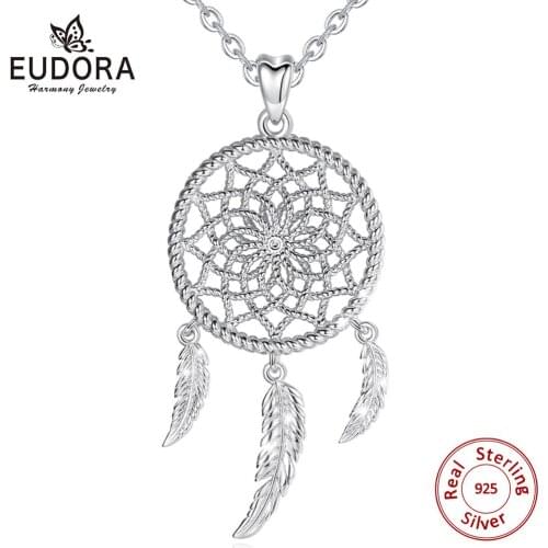 EUDORA Sterling Silver Dream Catcher Necklace with Clear Cubic Zirconia and 3 feathers boho dreamcatcher jewelry for Women D422
