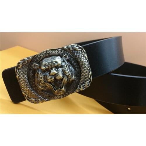 Designer Mens Tiger Head Facial Pattern Mens Vintage Bronze Smooth Buckle Mens Belt Mens Tiger Buckle Leather Belt