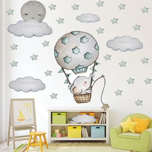 Hand Painted Cartoon Hot air balloon Elephant Wall Stickers for Kids room Baby room Vinyl Eco-friendly Wall Decals Home Decor