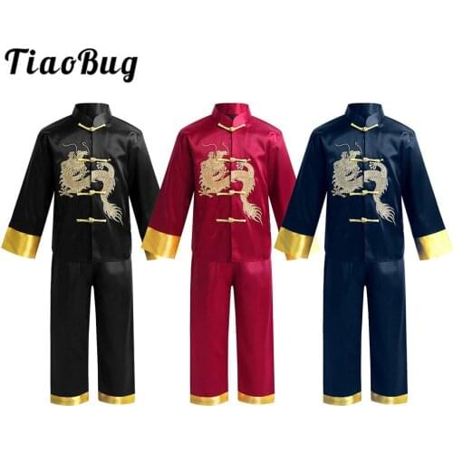 TiaoBug Kids Boys Traditional Chinese Outfit Satin Embroidery Dragon Kung Fu Tang Suit Stage Performance Martial Arts Costume