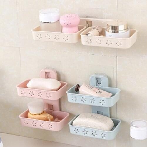 Bathroom Hook Up Shower Soap Box Dish Storage Plate Tray Holder Case Soap Holder Double Wall Shelf Storage Rack Sponges Shelf
