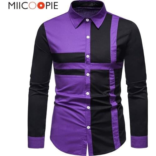 Vintage Purple Designer Men Shirt 2021 Korean Patchwork Long Sleeve Roupas Sociais Masculinas Male Cotton Business Dress Shirts