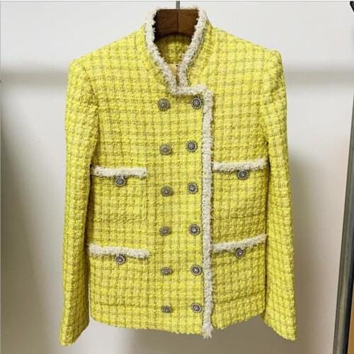 New Luxury Autumn Winter Tweed Yellow Jacket Women Double-Breasted Diamonds Plaid Thick Woolen Outerwear