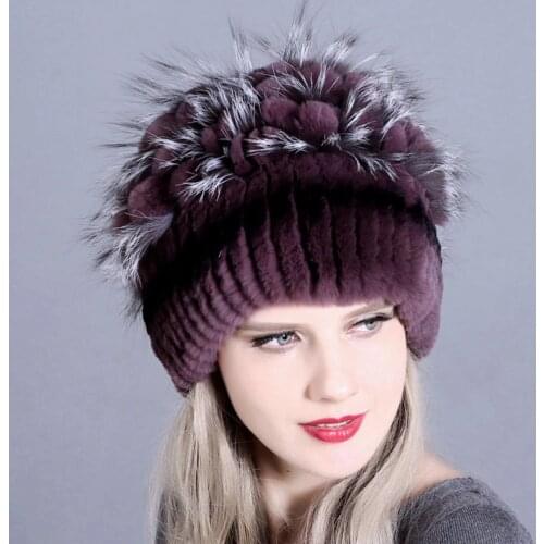 Russian Winter Women Hat Fox Fur Pompom Beanie Rex Rabbit Fur Skullie Lady Fashion Wool Knitting Headwear Warm Cotton Cap