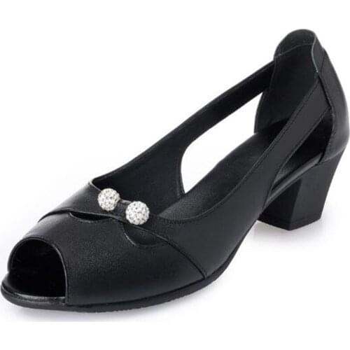 Rhinestone Fish Mouth Women Summer Sandals Non-slip Wear Plus Size Fashion Sandals High Heel Shoes Woman Genuine Leather Sandals